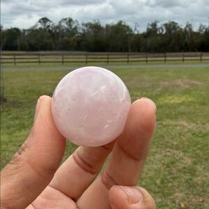 Rose Quartz Crystal Sphere on Wooden Stand - Soft Pink
